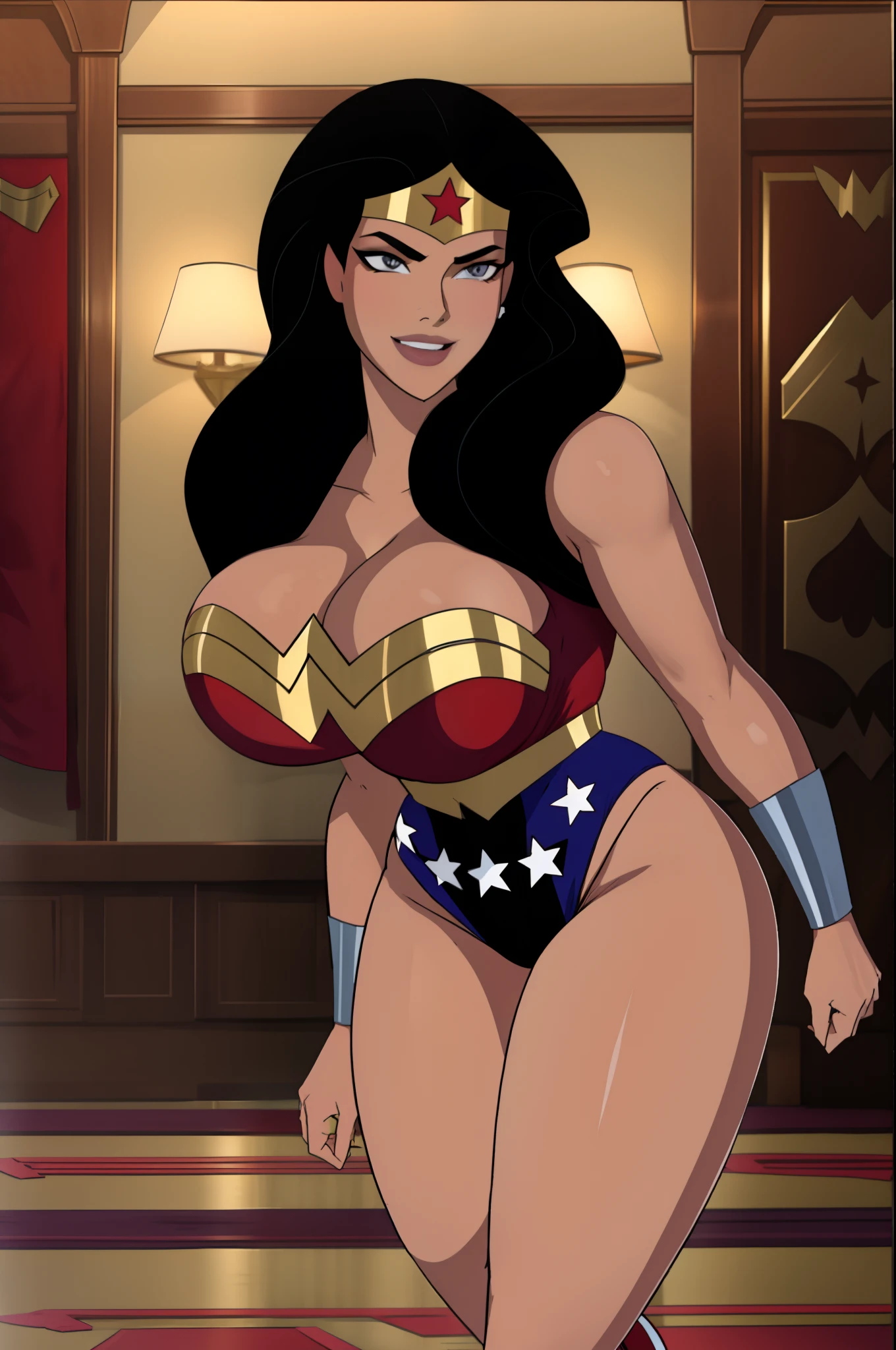 beautiful, masterpiece, best quality, extremely detailed face, perfect lighting, 1girl, wonderjlu, black hair, long hair, star (symbol), big breasts, leotard, red footwear,walking,smile