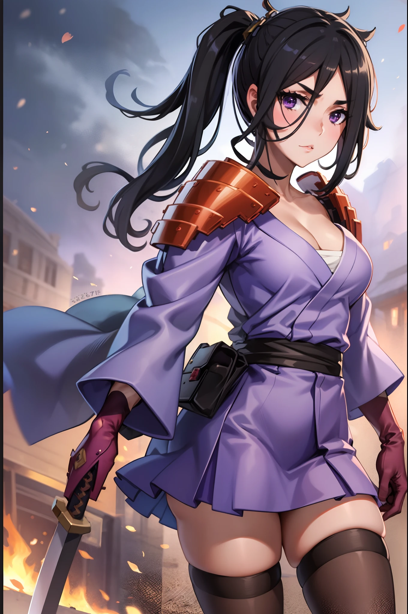 best quality, 4k, ((masterpiece)), extremely detailed, 8k, trending on ArtStation, Intricate, High Detail, Sharp focus,
1girl, solo, weapon, sword, black hair, side ponytail, katana, japanese clothes, shoulder armor, black thighhighs, kimono, gloves,sheathed,sarashi, looking at viewer, purple eyes, zettai ryouiki, cowboy shot,