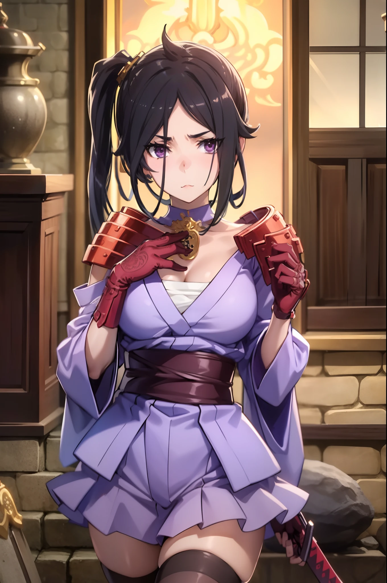 best quality, 4k, ((masterpiece)), extremely detailed, 8k, trending on ArtStation, Intricate, High Detail, Sharp focus,
1girl, solo, weapon, sword, black hair, side ponytail, katana, japanese clothes, shoulder armor, black thighhighs, kimono, gloves,sheathed,sarashi, looking at viewer, purple eyes, zettai ryouiki, cowboy shot,