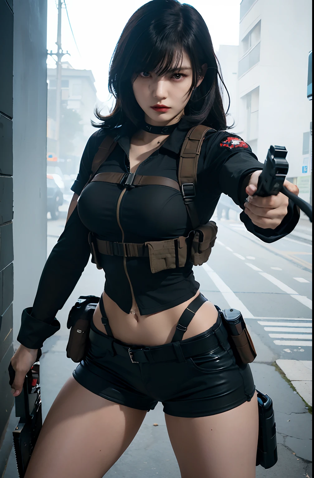 Sexy woman，with rifle in hands，With a lot of ammunition on his back，torn outfit --auto