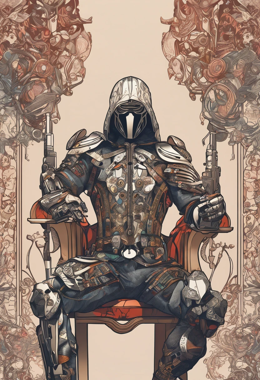 Daft, cyborg of beautiful androgen human, poker cards pattern baroque global illumination, holding a weapon, combat pose, foggy, casino, minimal