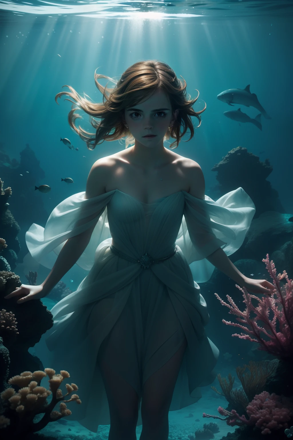 "Emma Watson submerged in an ethereal underwater world with mesmerizing lighting and dreamlike ambiance."