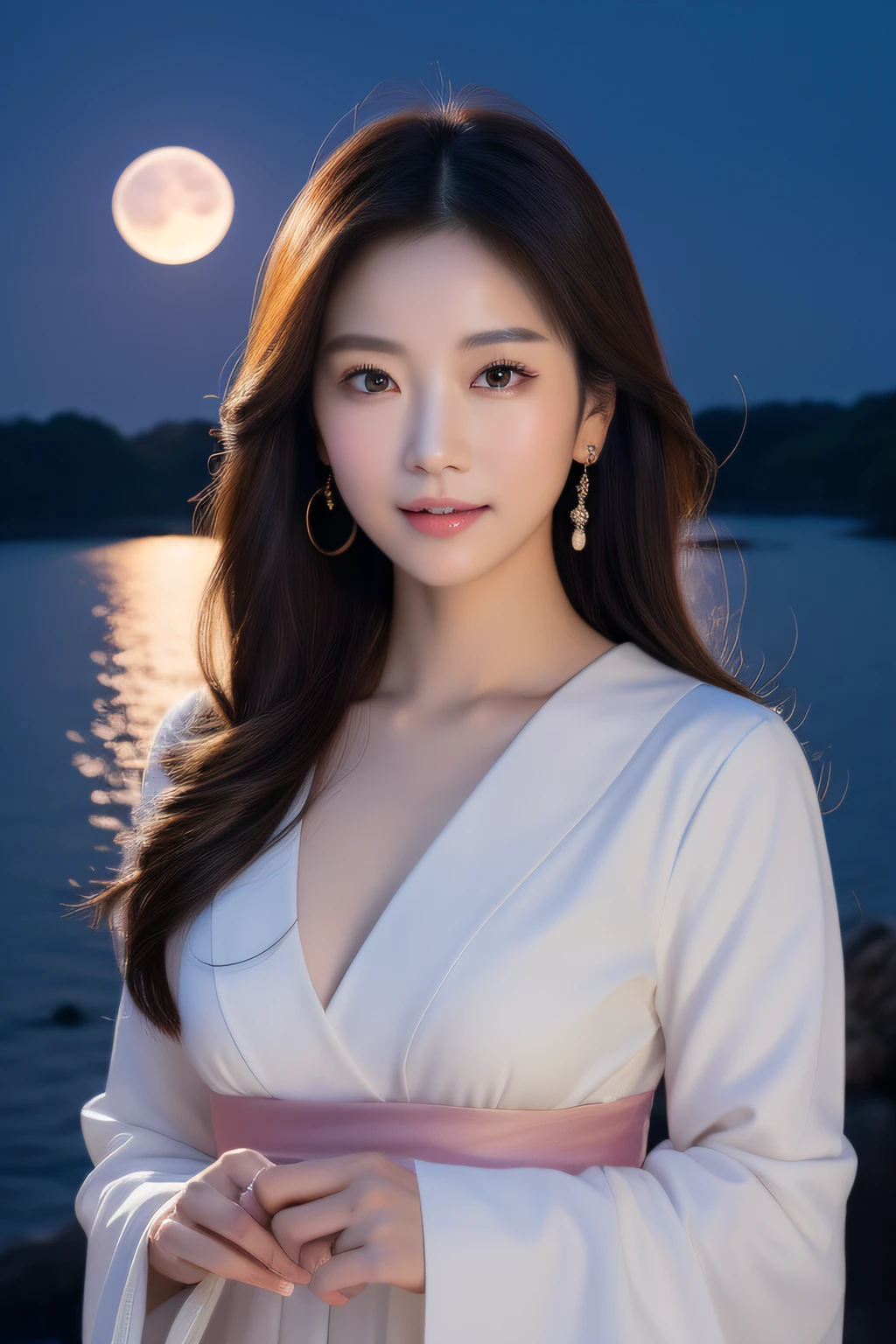 (great masterpiece、top-quality、high-level image quality)、(japanes、Idol actress、Good looks、Mature atmosphere)、1girl in、(Perfect beauty without complaints)、(Joy of Loving),(perfect anatomia),(To live)、(Beautiful moonlit night、spiritual)、Piece of art、