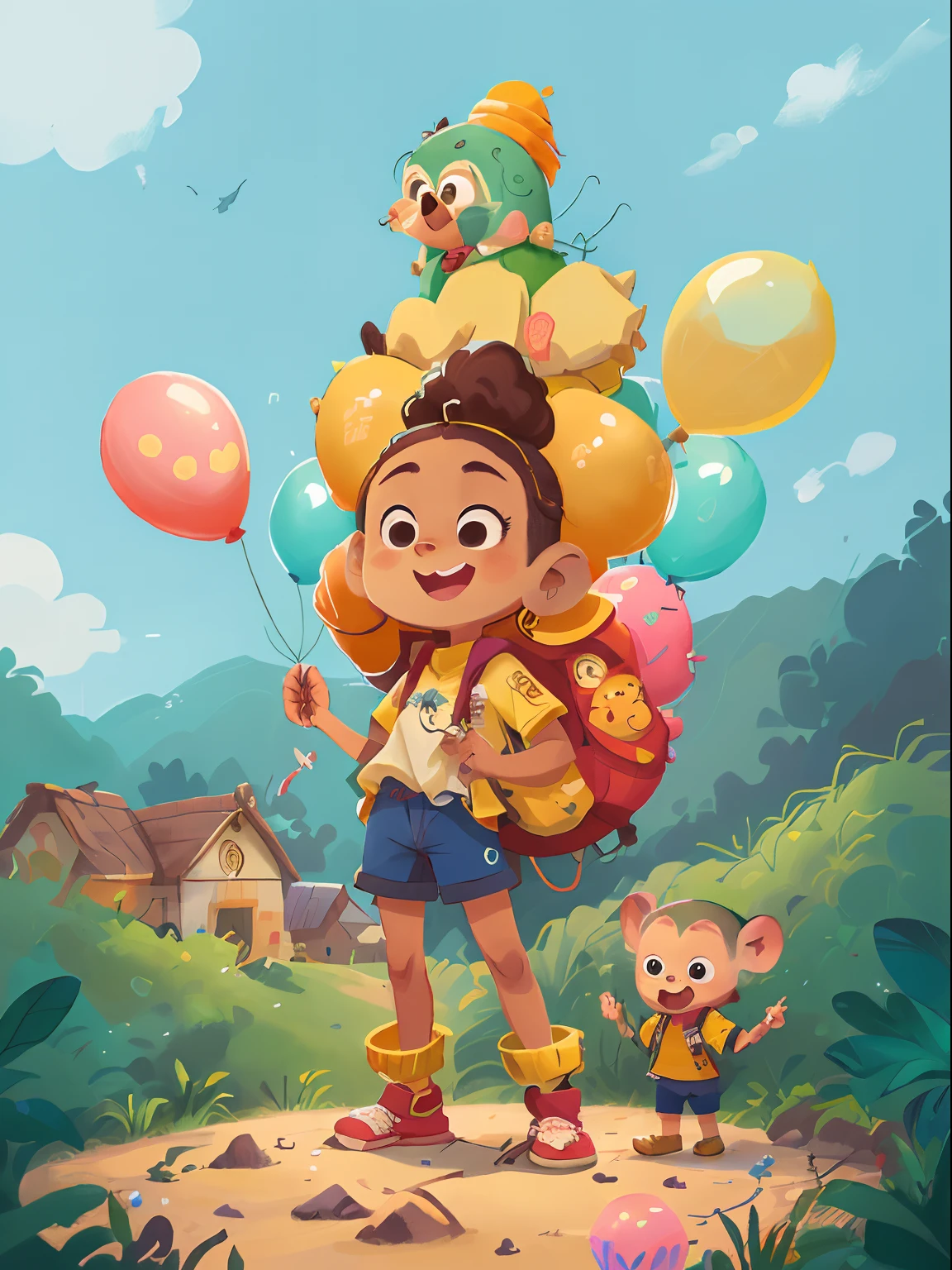 ((Uma menina indigena brasileira, Um macaco em uma roda de bricadeira e um papagaio),( um de frente para outro, many balloons, feliz, qualidade perfeita, foco claro (desordem - casa: 0.8), (obra-prima: 1.2) (realista: 1.2) (pele detalhada: 1.3) (detalhes complexos) (8K) (olhos de detalhe) (foco nítido), (feliz) corpo inteiro,fundo limpo))