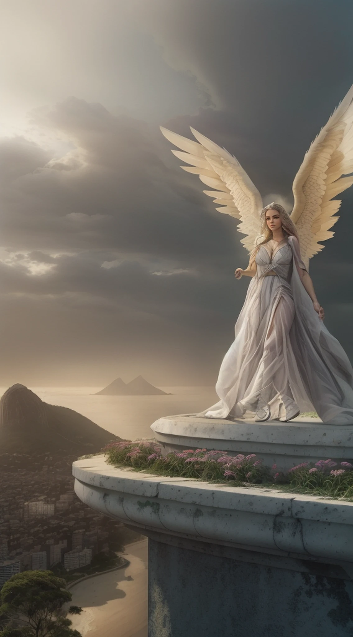 There is a statue of an angel on a ledge above a city, anjo protegendo a mulher, angel watching demon, anjo protegendo o homem, she is approaching heaven, Anjo no inferno, angels protecting a praying man, papel de parede hd, angels in the sky, breath-taking, angel statues, breathtaking art, para compreender o inferno ou ir angelical, necessidade humana anjo da morte, angel spirit guide