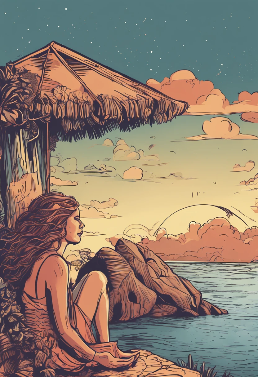 Hello! Estou buscando um desenho que retrate uma cena serena e inspiradora. I would like an illustration of a girl with curly hair, vista de costas, in the midst of a moment of contemplation. A menina deve estar posicionada em um ambiente tranquilo, with his gaze turned to the sky. Feel free to highlight hair curls and capture the expression of wonder on your face. The surrounding scenery may include natural elements, such as trees or flowers, para criar uma atmosfera serena. Sunlight or ambient lighting should emphasize the sense of calm and wonder. Por favor, Give a special artistic touch to the sky scene, be with a clear blue sky, soft clouds or an impressive sunset. I look forward to seeing your unique interpretation of this moment