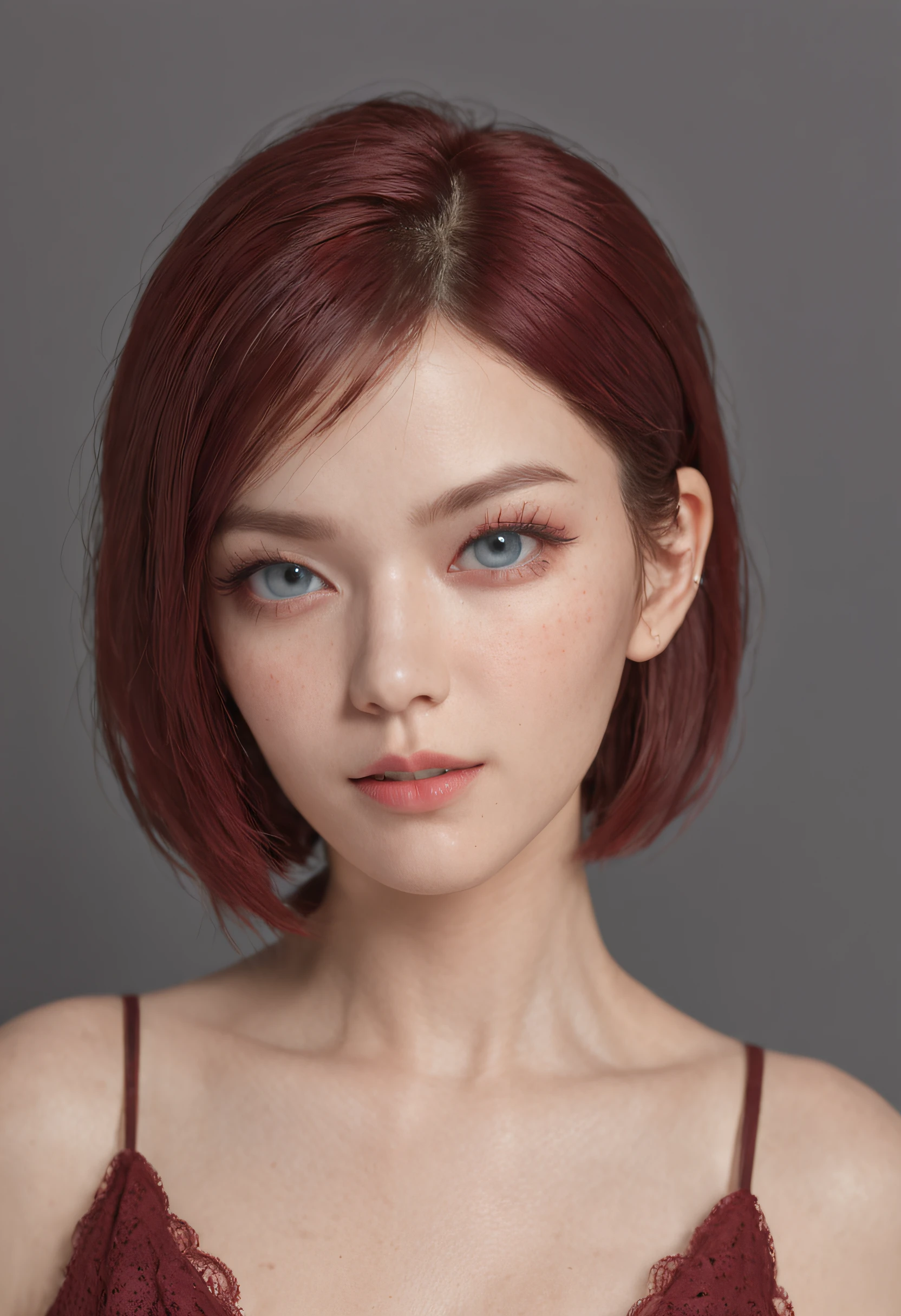 of a real, The facial features are meticulously depicted, Realistic skin texture, There is a scar on his face, closeup cleavage, head portrait, Pout, Blue eyes, Short-cut hair of maroon color, depth of fields, dynamic blur, high light, Real light, Ray treaching, oc rendered, Hyper-realistic, best quality, 8K, Works of masters, super-fine, Detailed pubic hair, Correct anatomy, sharp focus on eyes, Facial features are carefully depicted
