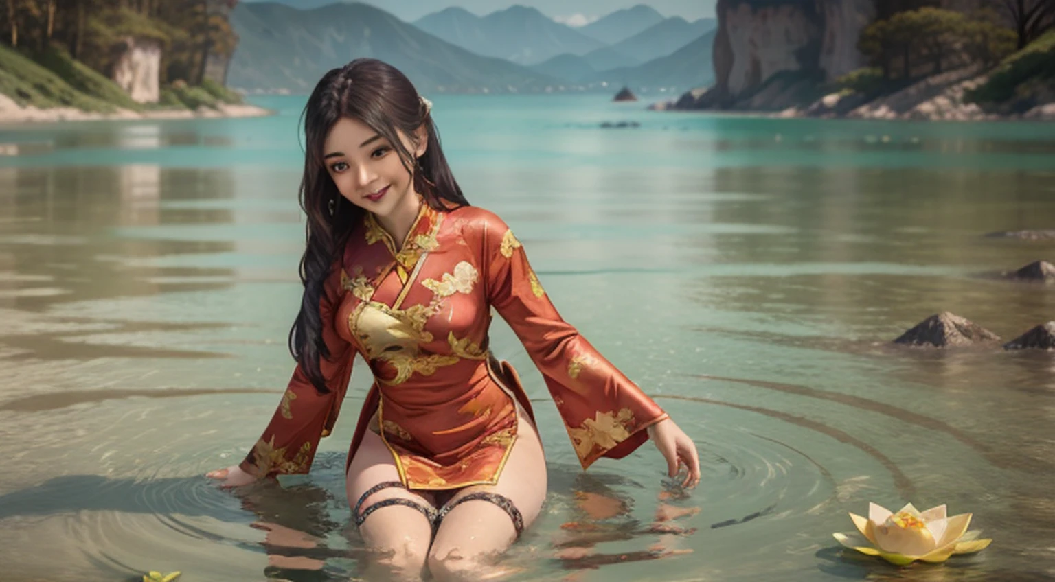 ((4k, obra-prima, melhor qualidade)), shuimobysim, pintura a tinta tradicional chinesa, lotuses, hanfu, maxiskit, vestido conservador 1girl, uma linda elfa, solo, longos cabelos brancos, sorriso, standingn, feet in the water, bare-legged,