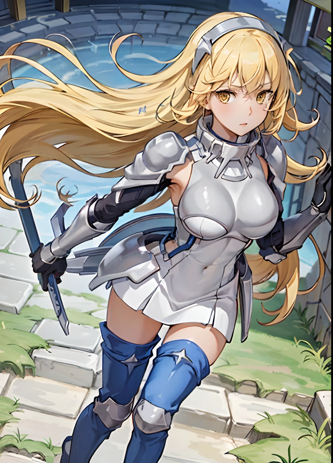 ais, 1girl, solo, blonde hair, armor, long hair, straight hair, thighhighs, boots, dress, yellow eyes, thigh boots, blue long boots, blue footwear, covered navel, breastplate, shoulder armor, gloves, white dress outdoor, sunny, standing, sitting