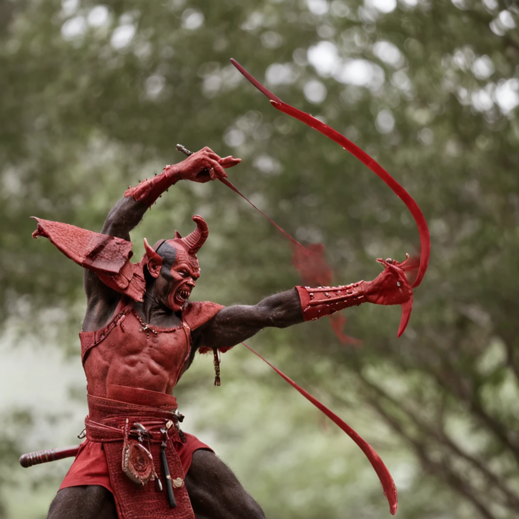 Um Demonio com a pele vermelha , chifres vermelhos , olhos pretos , uma katana, cavanhaque feito