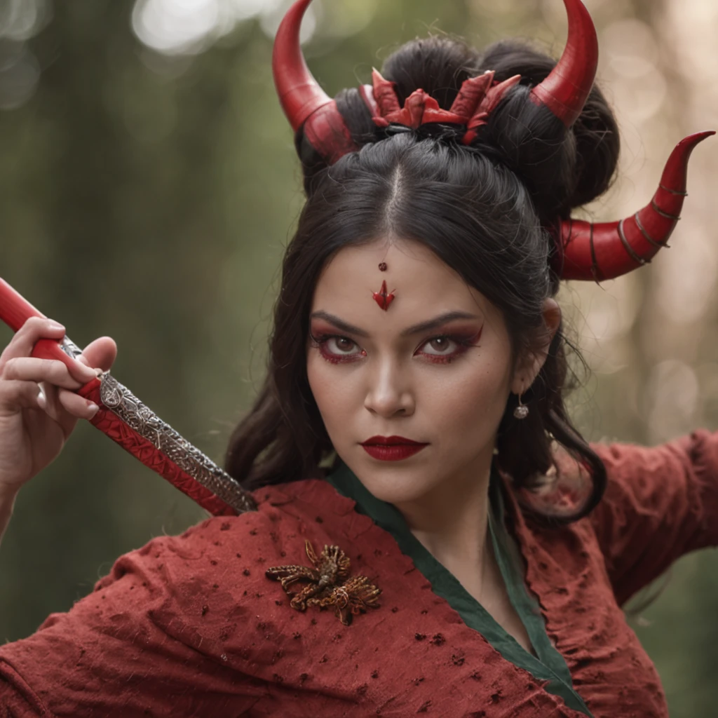 Um Demonio com a pele vermelha , chifres vermelhos , olhos pretos , uma katana, cavanhaque feito
