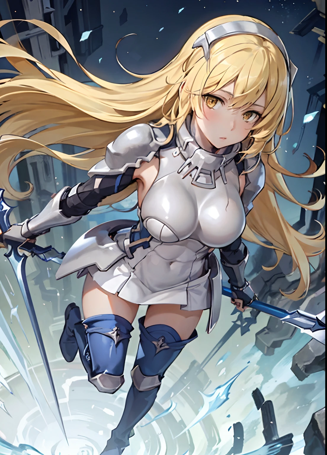 ais, 1girl, solo, blonde hair, armor, long hair, straight hair, thighhighs, boots, dress, yellow eyes, thigh boots, blue long boots, blue footwear, covered navel, breastplate, shoulder armor, gloves, white dress outdoor, sunny, standing, sitting