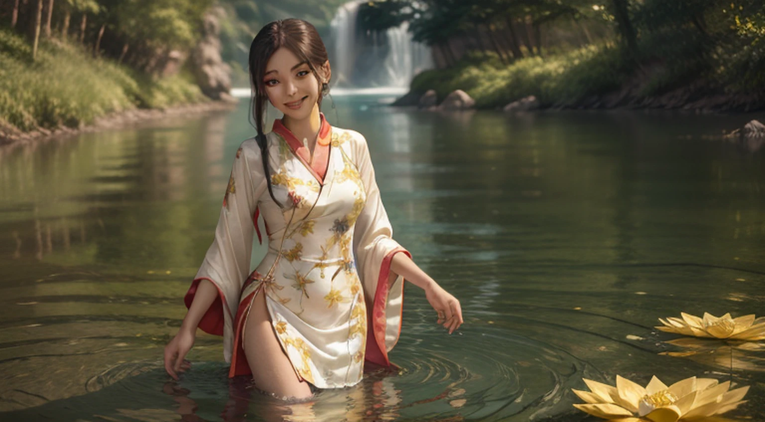 ((4k, obra-prima, melhor qualidade)), shuimobysim, pintura a tinta tradicional chinesa, lotuses, hanfu, maxiskit, vestido conservador 1girl, uma linda elfa, solo, longos cabelos brancos, sorriso, standingn, feet in the water, bare-legged,