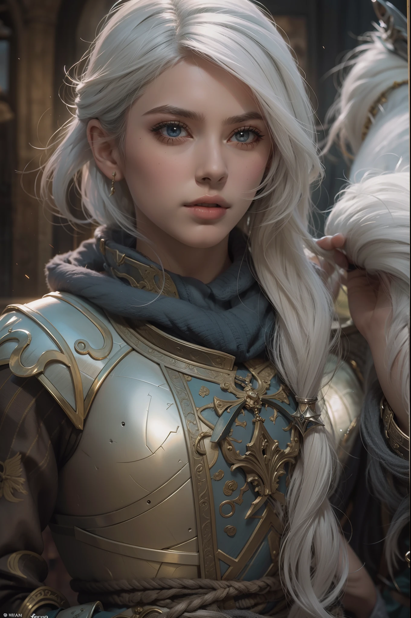 Mulher bonita que sempre Ciri do game The Wicther, com cabelos longos e olhos azuis brilhantes, obra prima, ultra qualidade, 8k, cabelos caindo sobre seus sombros, fundo o noturno, ela esta usando uma armadura medieval prateada