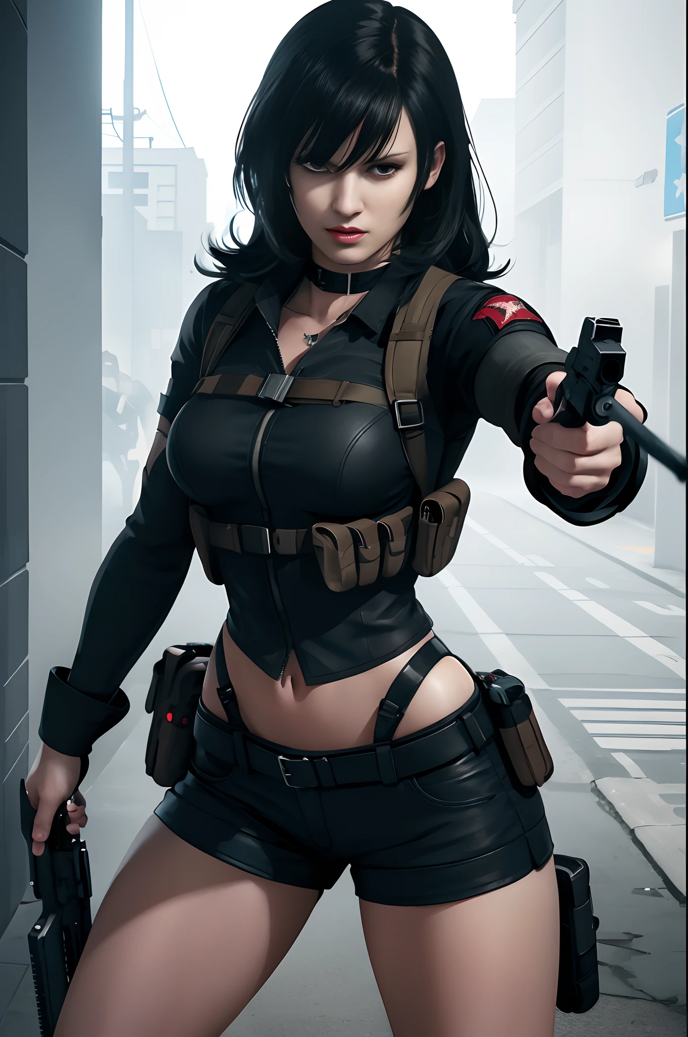 Resident evil girl long black hair with straight bangs black shorts with holster, black clothes, tactical holster, and holding pistol, shooting, angry, Fighting, fight,