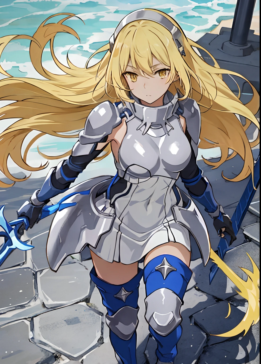 ais, 1girl, solo, blonde hair, armor, long hair, straight hair, thighhighs, boots, dress, yellow eyes, thigh boots, blue long boots, blue footwear, covered navel, breastplate, shoulder armor, gloves, white dress outdoor, sunny, standing