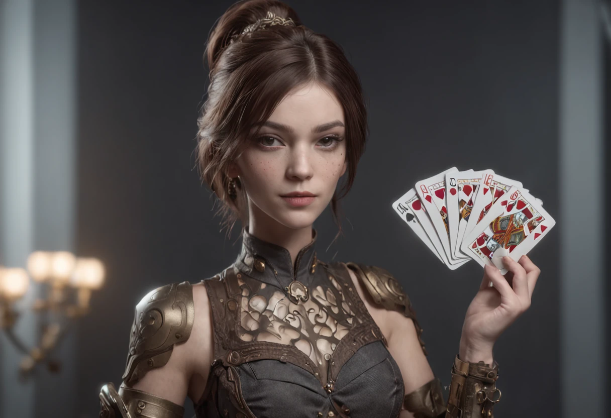 Daft, cyborg of beautiful androgen human, poker cards pattern baroque global illumination, holding a weapon, combat pose, foggy, casino, minimal