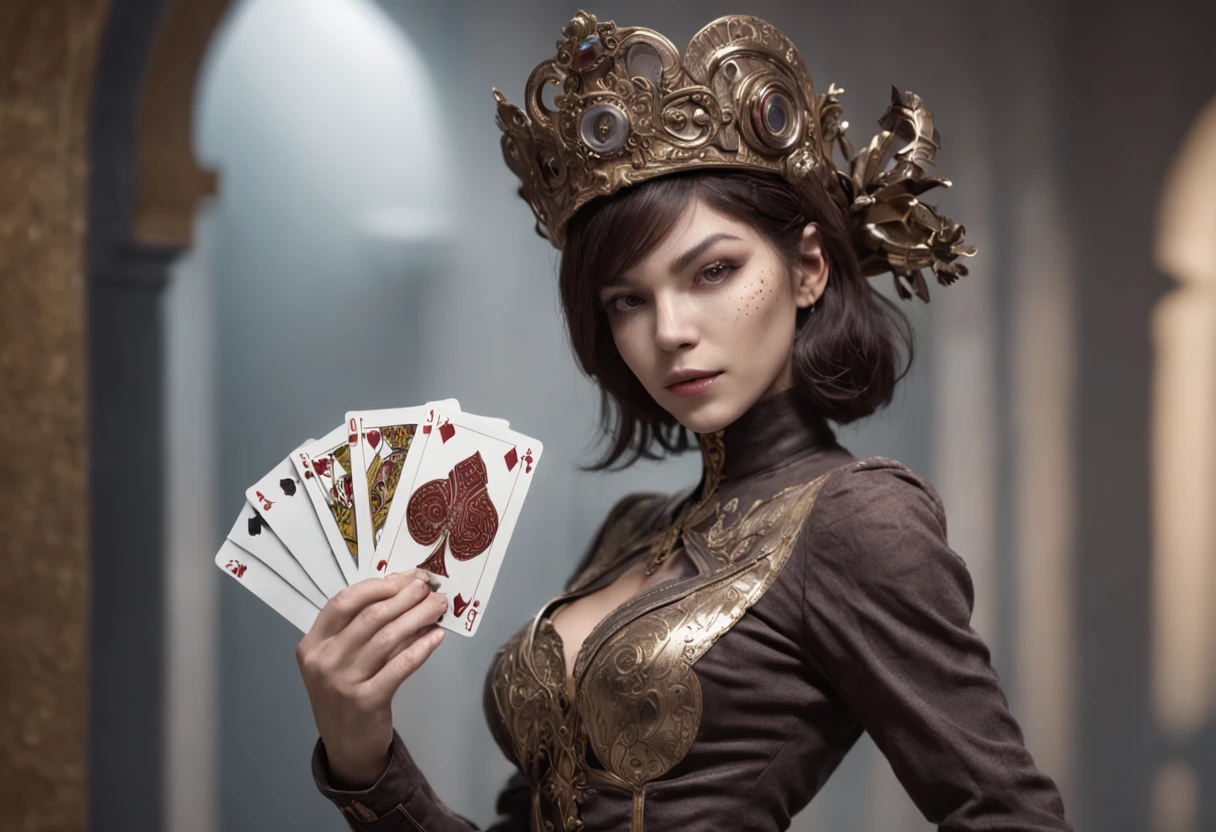 Daft, cyborg of beautiful androgen human, poker cards pattern baroque global illumination, holding a weapon, combat pose, foggy, casino, minimal