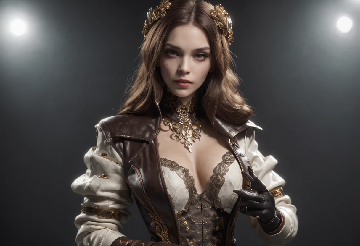 Daft, cyborg of beautiful androgen human, poker cards pattern baroque global illumination, holding a weapon, combat pose, foggy, casino, minimal