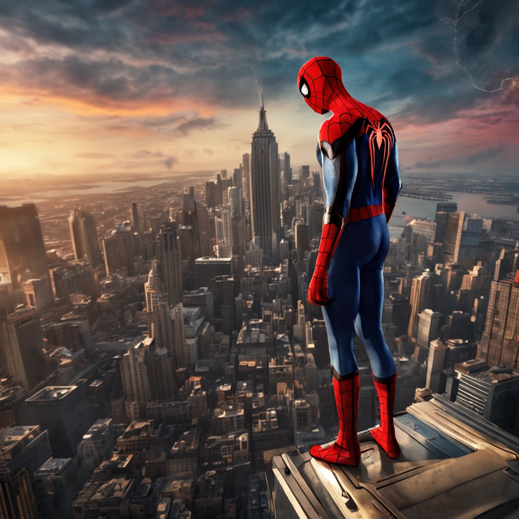 A spider man on top of a skyscraper, cena de filme 8k, ::n_ desenho, Imperfection, baixa qualidade, boneco, jogo, anime, texto, assinatura