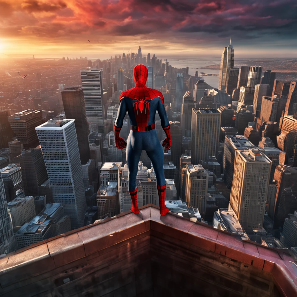A spider man on top of a skyscraper, cena de filme 8k, ::n_ desenho, Imperfection, baixa qualidade, boneco, jogo, anime, texto, assinatura