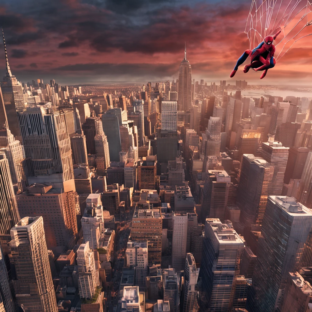 A spider man on top of a skyscraper, cena de filme 8k, ::n_ desenho, Imperfection, baixa qualidade, boneco, jogo, anime, texto, assinatura