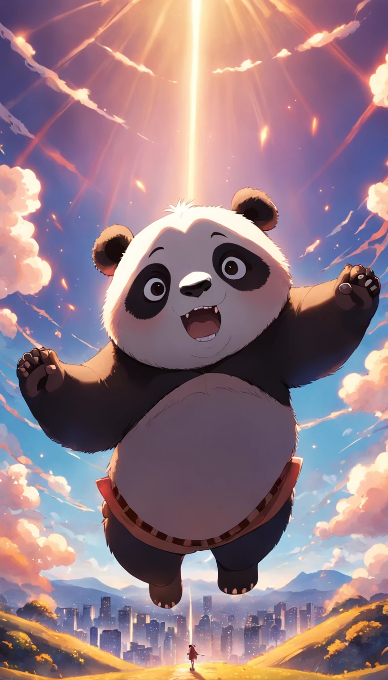 obra-prima, melhor qualidade, filme ainda, 1panda, panda nuvem, floating into the sky, Close-up, brilhante, Feliz, Soft lighting and Warm, sun sunset, stars, (Sparks: 0,7)