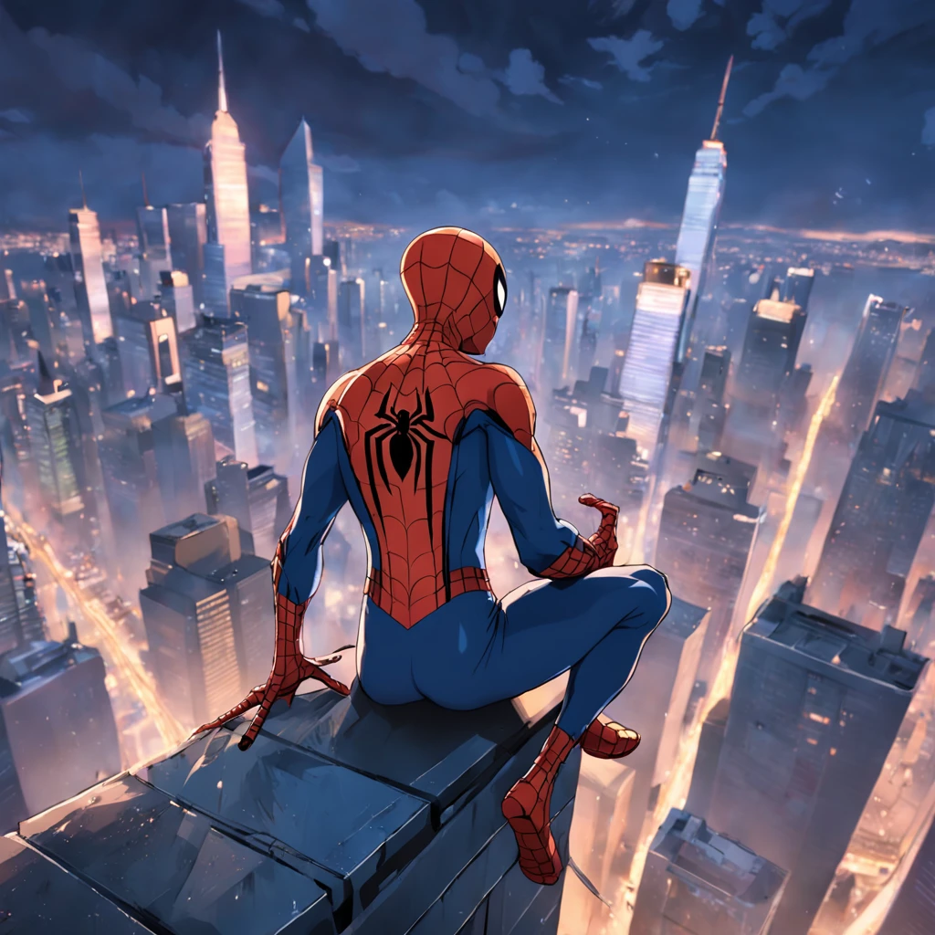 A spider man on top of a skyscraper, cena de filme 8k, ::n_ desenho, Imperfection, baixa qualidade, boneco, jogo, anime, texto, assinatura