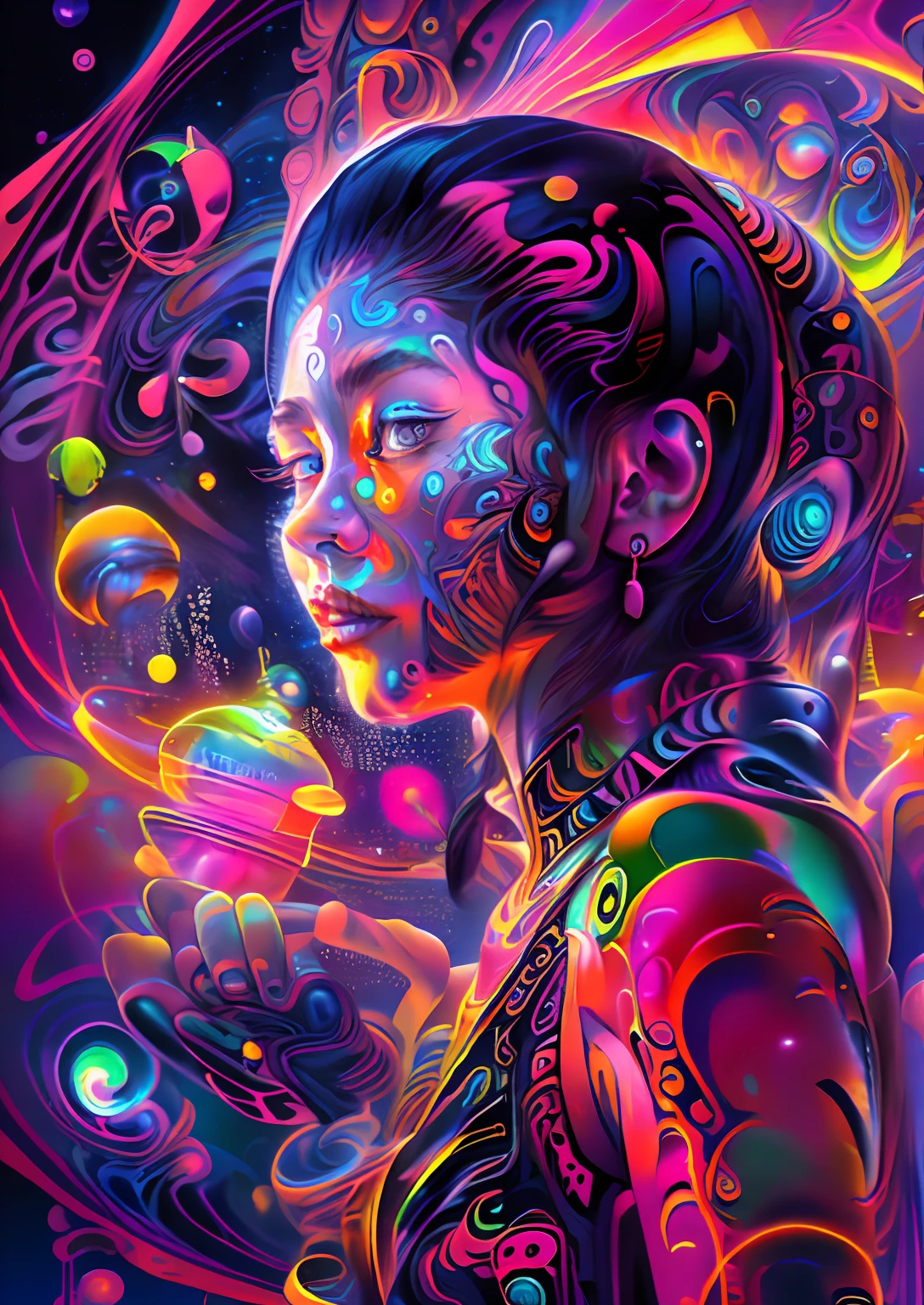 (High resolution, incredibly detailed, masterpiece), realistic beutiful chines women with a galaxy shaped vortex neon in one hand, featuring fractal geometry neon in (vibrant colors:0.8), set against a (galactic background:1.2),neon, bringing together complex,psychedelic mesmerizing shapes and patterns.dmt .aesthetic,16k,high quality,masterpieces,chines women
