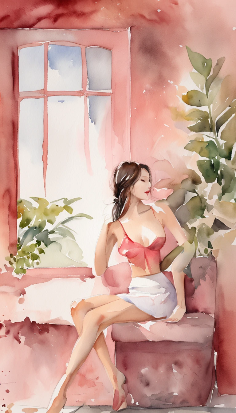 ((naked lower body))、(4K、top-quality)、(realisitic、Photorealsitic)、1girl in、naked lower body、indoor picture((Pink wall in the studio))、Bright interior、Spotlight your face from the front、big butts、Large cleavage、A smile、sitting on、((pink walls))、((red sofa))、