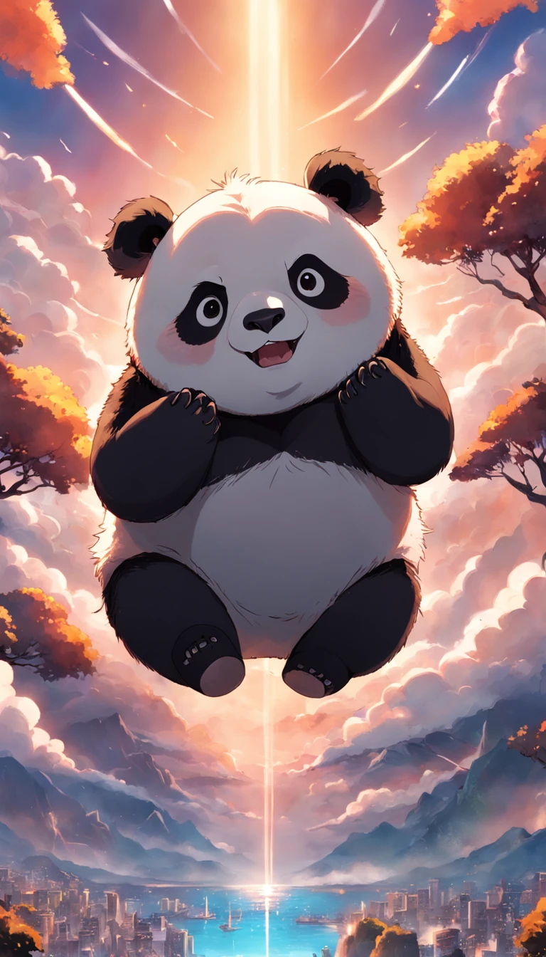 obra-prima, melhor qualidade, filme ainda, 1panda, panda nuvem, floating into the sky, Close-up, brilhante, Feliz, Soft lighting and Warm, sun sunset, (Sparks: 0,7)