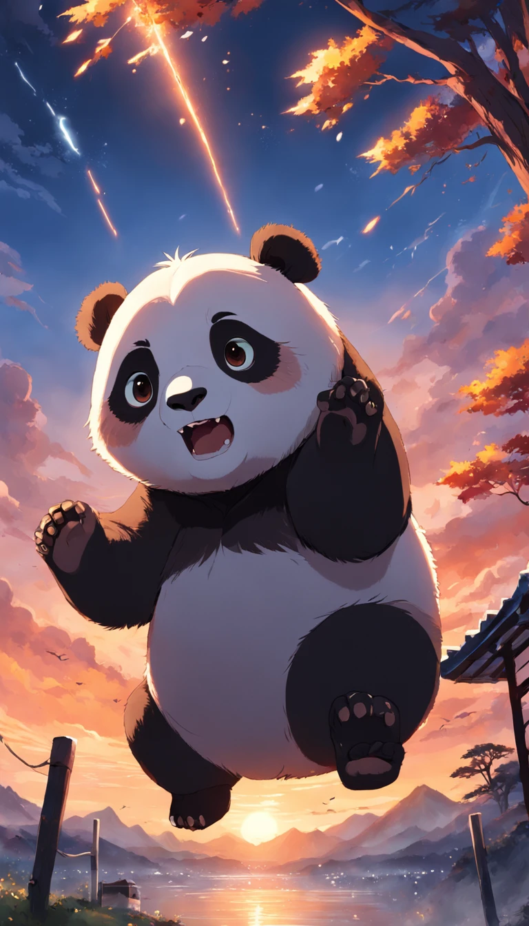 obra-prima, melhor qualidade, filme ainda, 1panda, panda nuvem, floating into the sky, Close-up, brilhante, Feliz, Soft lighting and Warm, sun sunset, (Sparks: 0,7)