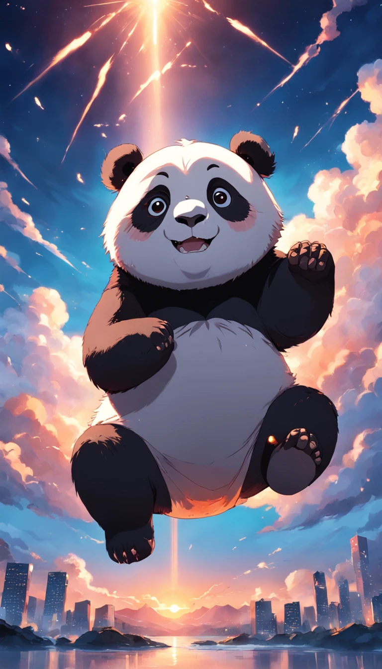 obra-prima, melhor qualidade, filme ainda, 1panda, panda nuvem, floating into the sky, Close-up, brilhante, Feliz, Soft lighting and Warm, sun sunset, (Sparks: 0,7)