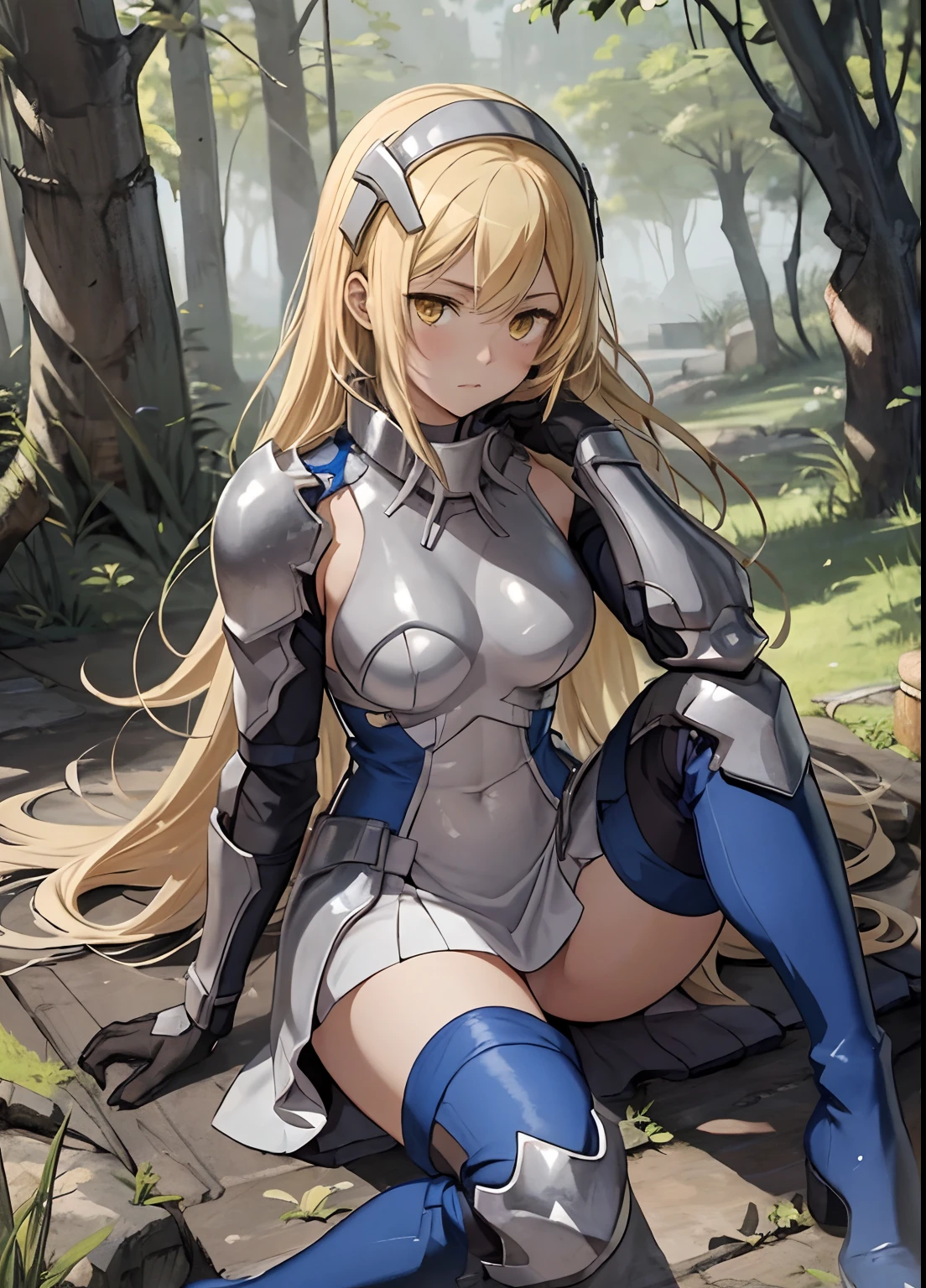 ais, 1girl, solo, blonde hair, armor, long hair, straight hair, thighhighs, boots, dress, yellow eyes, thigh boots, blue long boots, blue footwear, covered navel, breastplate, shoulder armor, gloves, white dress outdoor, sunny, standing, sitting