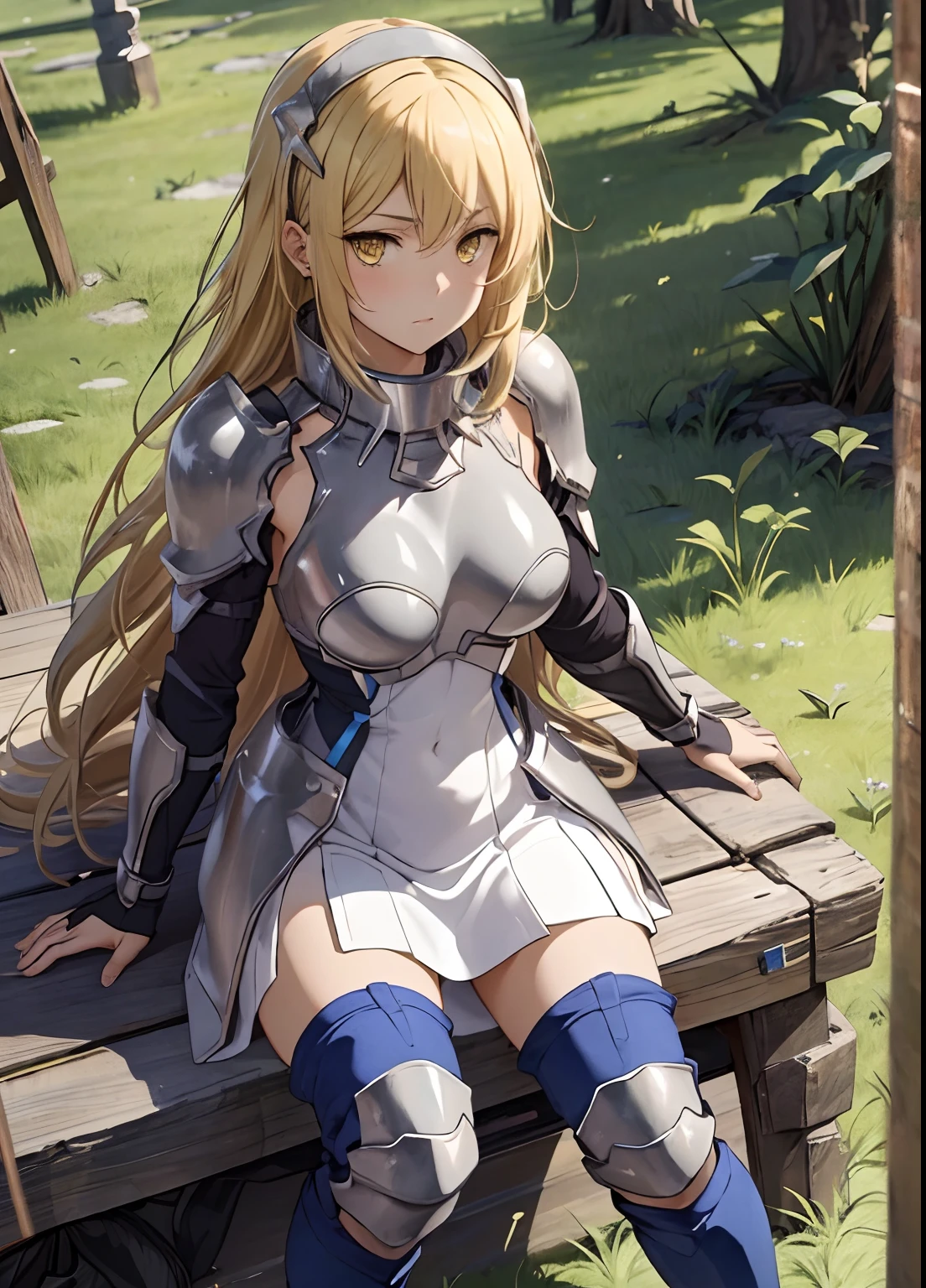 ais, 1girl, solo, blonde hair, armor, long hair, straight hair, thighhighs, boots, dress, yellow eyes, thigh boots, blue long boots, blue footwear, covered navel, breastplate, shoulder armor, gloves, white dress outdoor, sunny, standing, sitting