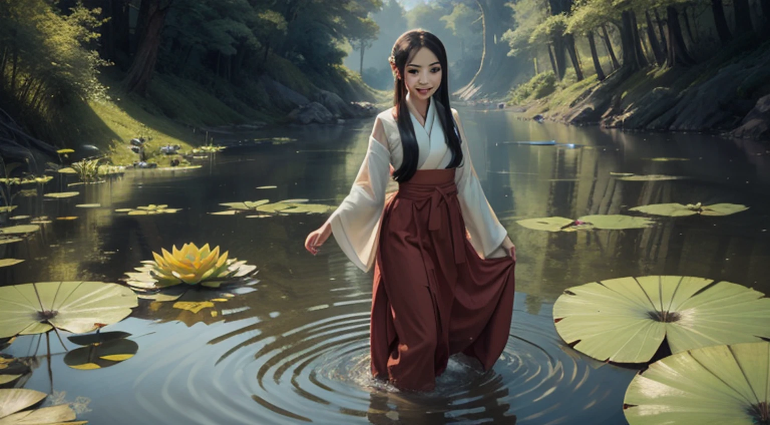 ((4k, obra-prima, melhor qualidade)), shuimobysim, pintura a tinta tradicional chinesa, lotuses, hanfu, maxiskit, vestido conservador 1girl, uma linda elfa, solo, longos cabelos brancos, sorriso, standingn, feet in the water, bare-legged,