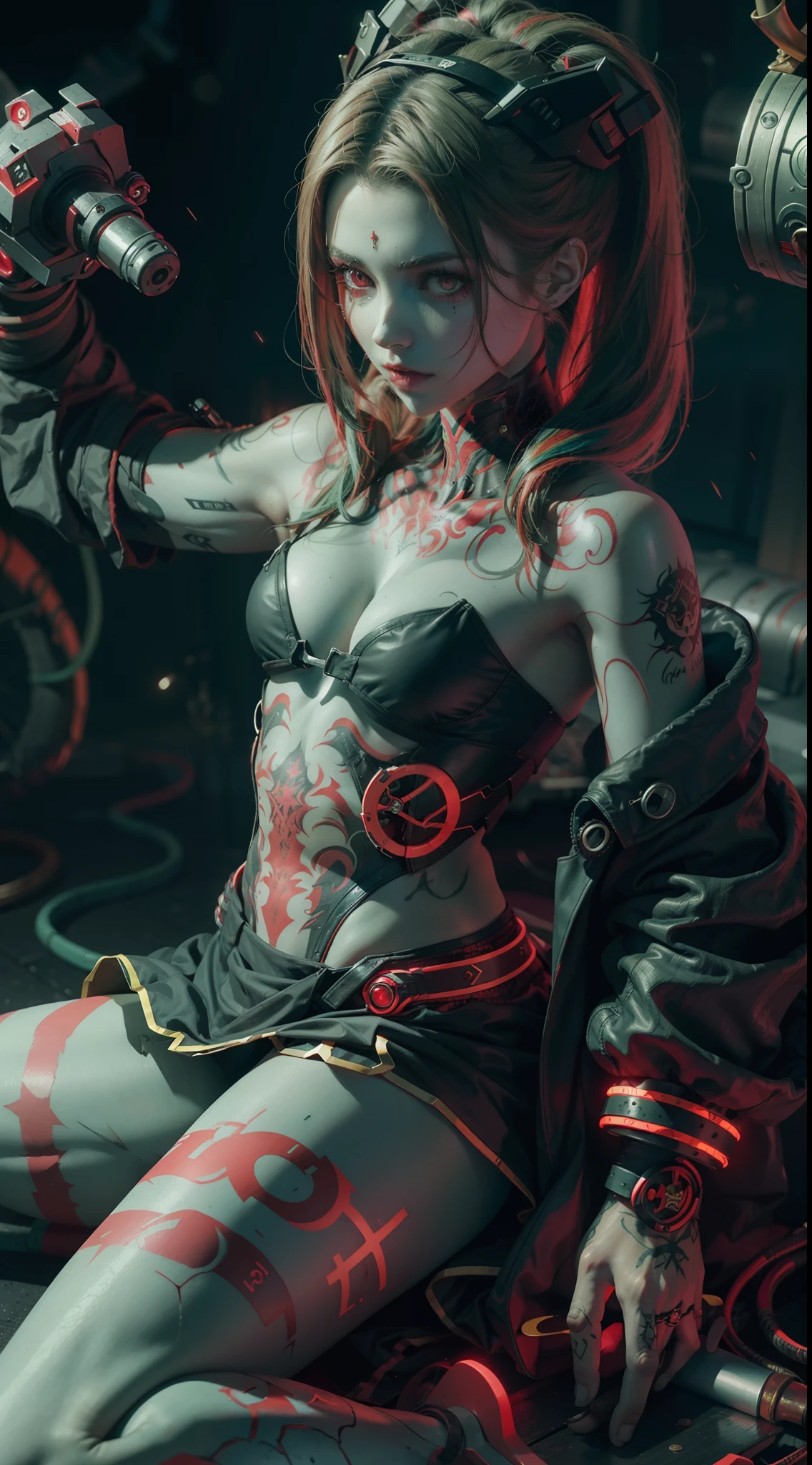 alta resolução, obra-prima, melhor qualidade, 1girl, red sclera,red pupils, cyborgunder, green hair, colored skin, demonictech, sitting, many tattoos, roupa futurista, skirt, detalhes neon, estilo cyberpunk neon, ao fundo cidade cyberpunk a noite, pele finamente detalhada, seios enormes, pernas muito musculosas