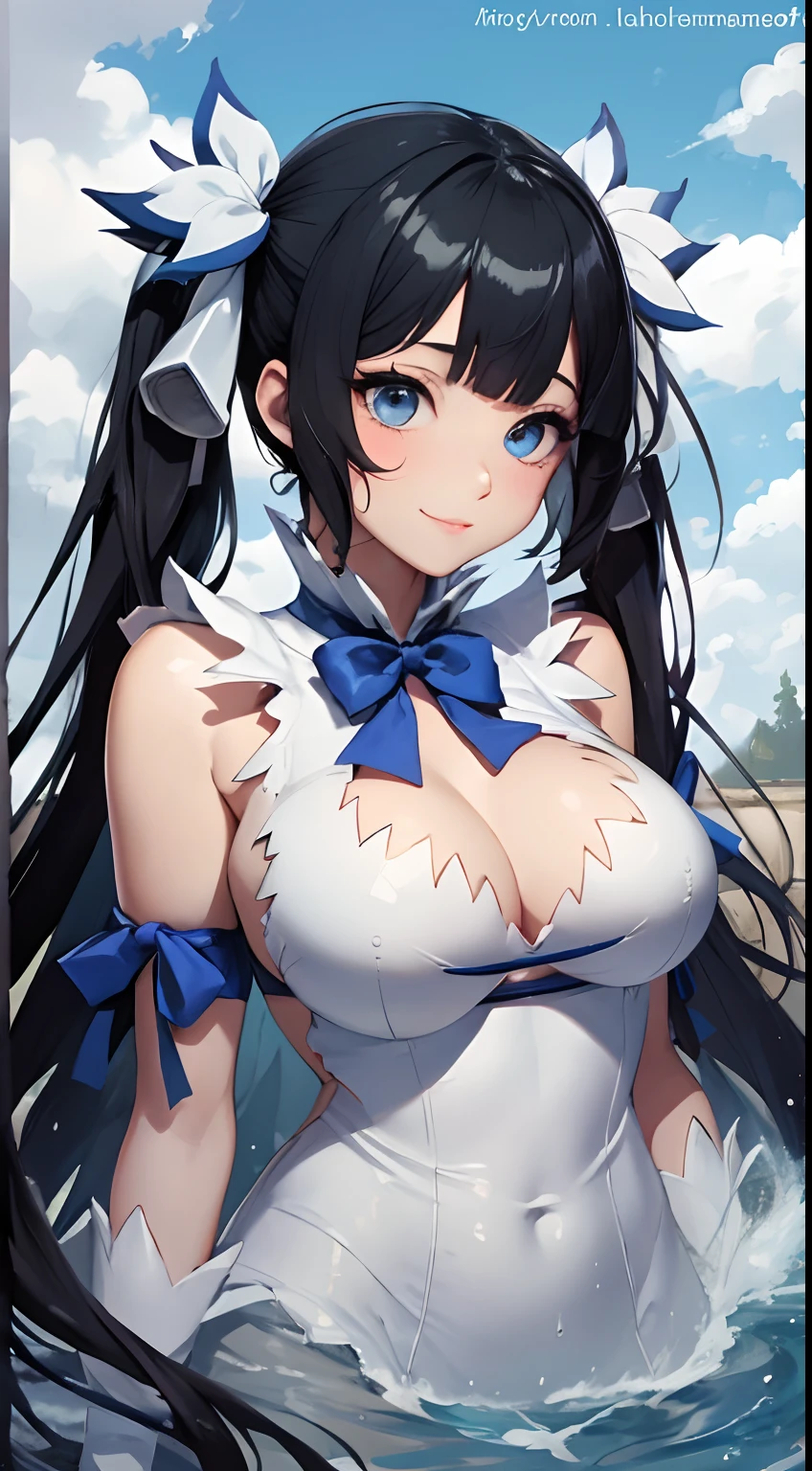 mksks style, masterpiece, best quality, long eyelashes, eyeliner, eyeshadow, mascara, colorful, pink lips, deep skin, looking at viewer, upper body, curvy, hestia (danmachi), 1girl, breasts, solo, long hair, blue ribbon, twintails, gloves, ribbon, dress, rei no himo, large breasts, blue eyes, black hair, white gloves, cleavage, white dress, looking at viewer, light smile, closed mouth, hair ribbon, bow, sleeveless, sleeveless dress, bangs, blush, cleavage cutout, hair ornament, bowtie, clothing cutout, very long hair, covered navel, arm ribbon, shiny skin, outdoors, grassy fields, blue sky, cloudy sky, tight, taut dress, breast focus, upper body,