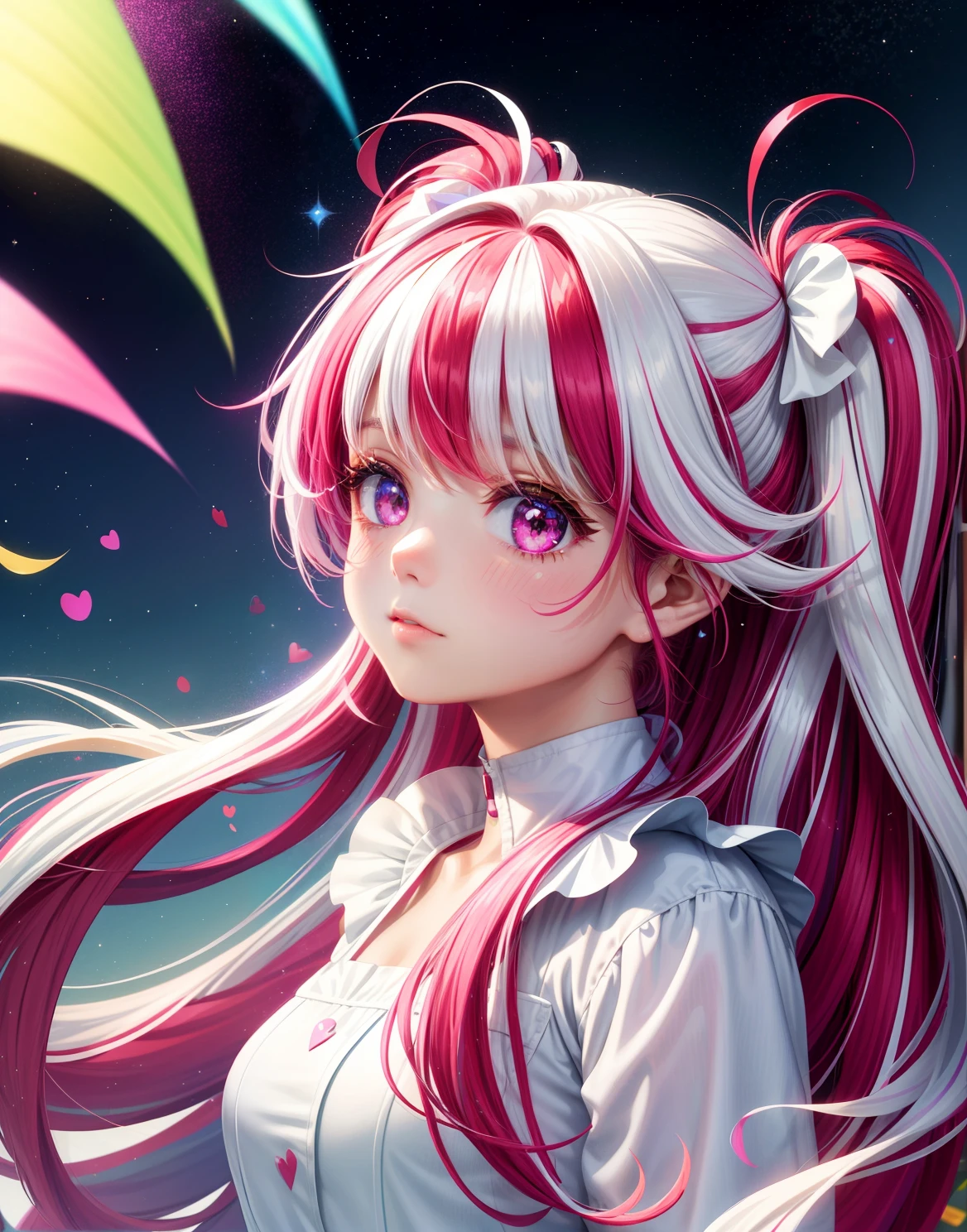 ((girl)) ((hair color fuchsia white streaks)) various sizes bright red hearts around, cute heart, glitter powder, picture perfect, space background
