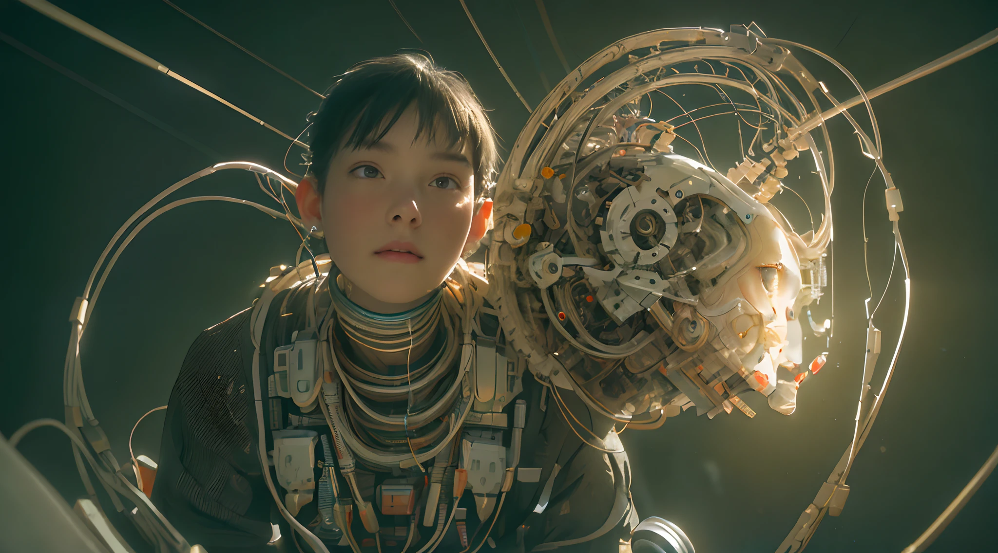 (((masterpiece))), (((best quality))), ((ultra-detailed)), (highly detailed CG illustration), ((an extremely delicate and beautiful)),(cute delicate face),cinematic light,((1mechanical girl)),solo,full body,(machine made joints:1.4),((machanical limbs)),(explosed muscles),(blood vessels connected to tubes),(a brain in container:1.3),((mechanical vertebra attaching to back)),((mechanical cervial attaching to neck)),((sitting)),expressionless,(wires and cables attaching to head and body:1.5),small breasts,short hair,(character focus),science fiction