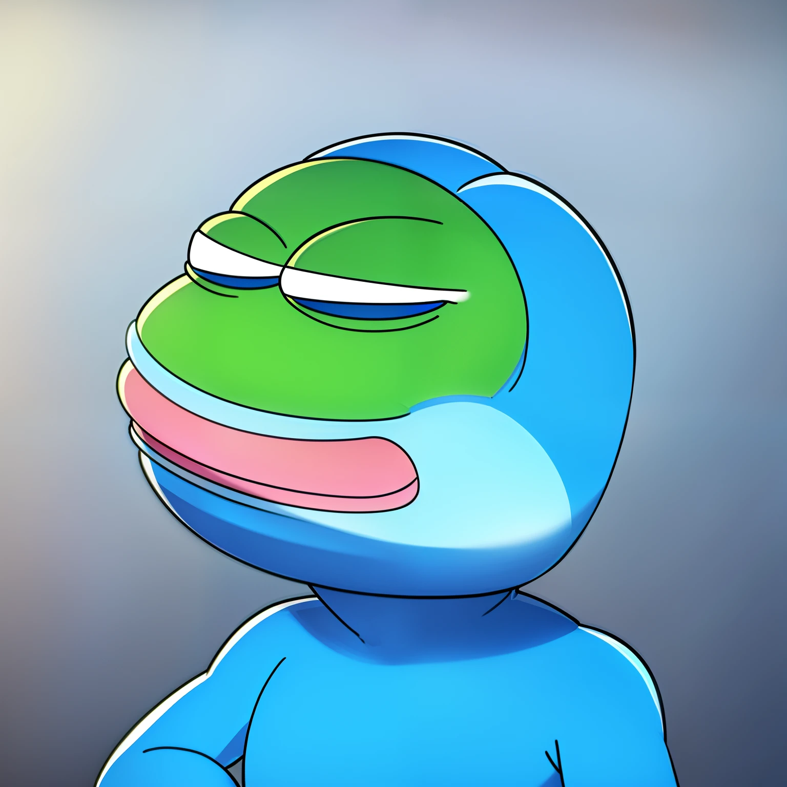 headshot of pepe the frog cartoon, with blue skin.