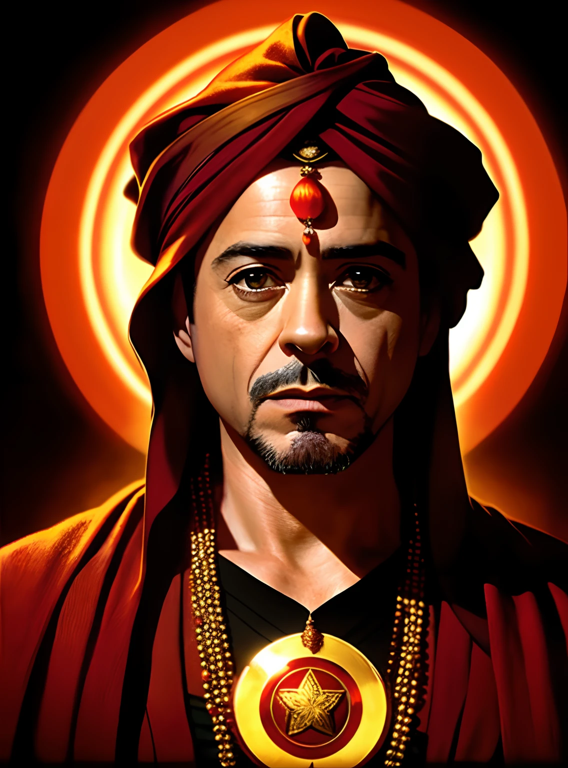 Robert Downey jr, cinematic portrait photo of a very interesting Robert Downey Jr Wearing the saffron robes of a monk, Inspired by Sadhusant, Saffron clothes, Rudraksha beads, rudraksha in hand, folded hand, ghat of varanasi, eyes close up, highly detailed vfx portrait, taken with a full frame camera with a wild lens,