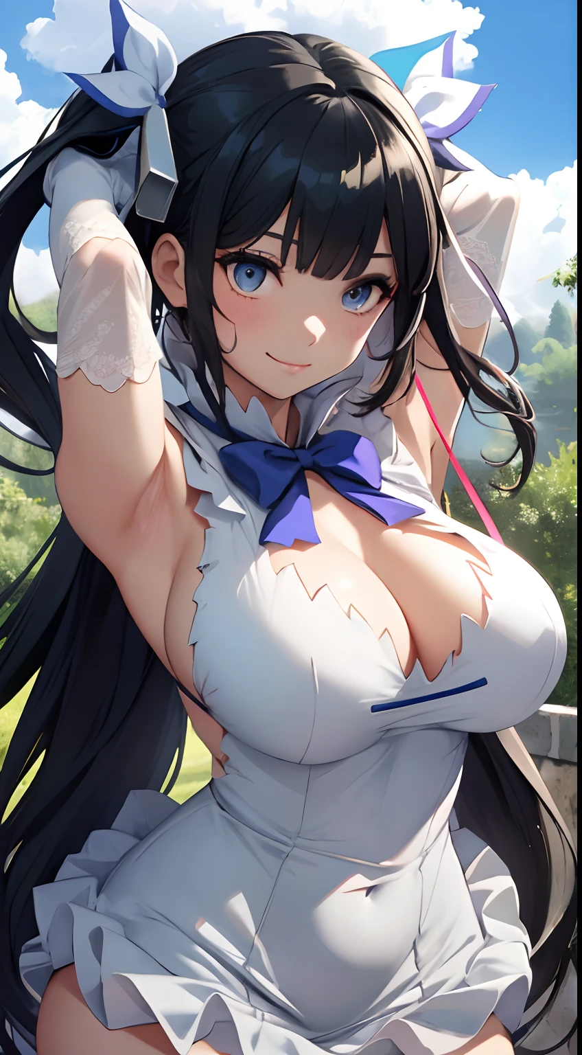 mksks style, masterpiece, best quality, long eyelashes, eyeliner, eyeshadow, mascara, colorful, pink lips, deep skin, looking at viewer, upper body, curvy, hestia (danmachi), 1girl, breasts, solo, long hair, blue ribbon, twintails, gloves, ribbon, dress, rei no himo, large breasts, blue eyes, black hair, white gloves, cleavage, white dress, looking at viewer, light smile, closed mouth, hair ribbon, bow, sleeveless, sleeveless dress, bangs, blush, cleavage cutout, hair ornament, bowtie, clothing cutout, very long hair, covered navel, arm ribbon, shiny skin, outdoors, grassy fields, blue sky, cloudy sky, tight, taut dress, breast focus, upper body,