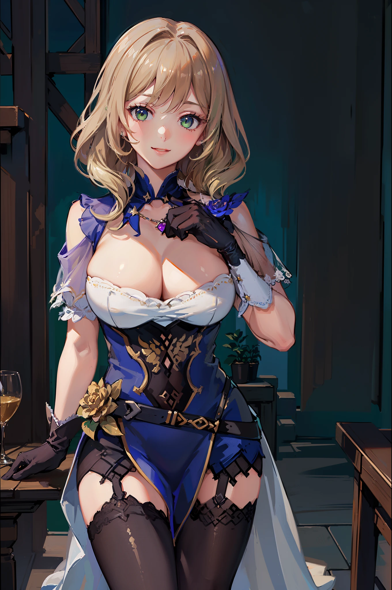 ((masterpiece, best quality)),close-up, facing viewer,straight on, face focus,((1 girl)), lisa \(genshin impact\),{short hair,}, (big breasts:1.4),(photo realistic:0.8), standing,bridal veil,wedd00ing, bridal gauntlets, bridal garter, wedding glove, (smile:1.2), (detailed light),lighting, colorful, layered backgrounds, (gorgeous background), dynamic angle, (shine),blonde hair,sleeves,(dark green eyes:1.2),(outdoor), physically-based rendering, RAW photo, highly detailed background, (photo realistic:0.8), high res, (white bodystocking),(potted plant:1.2),geyser, park, flower field,holding a bouquet,