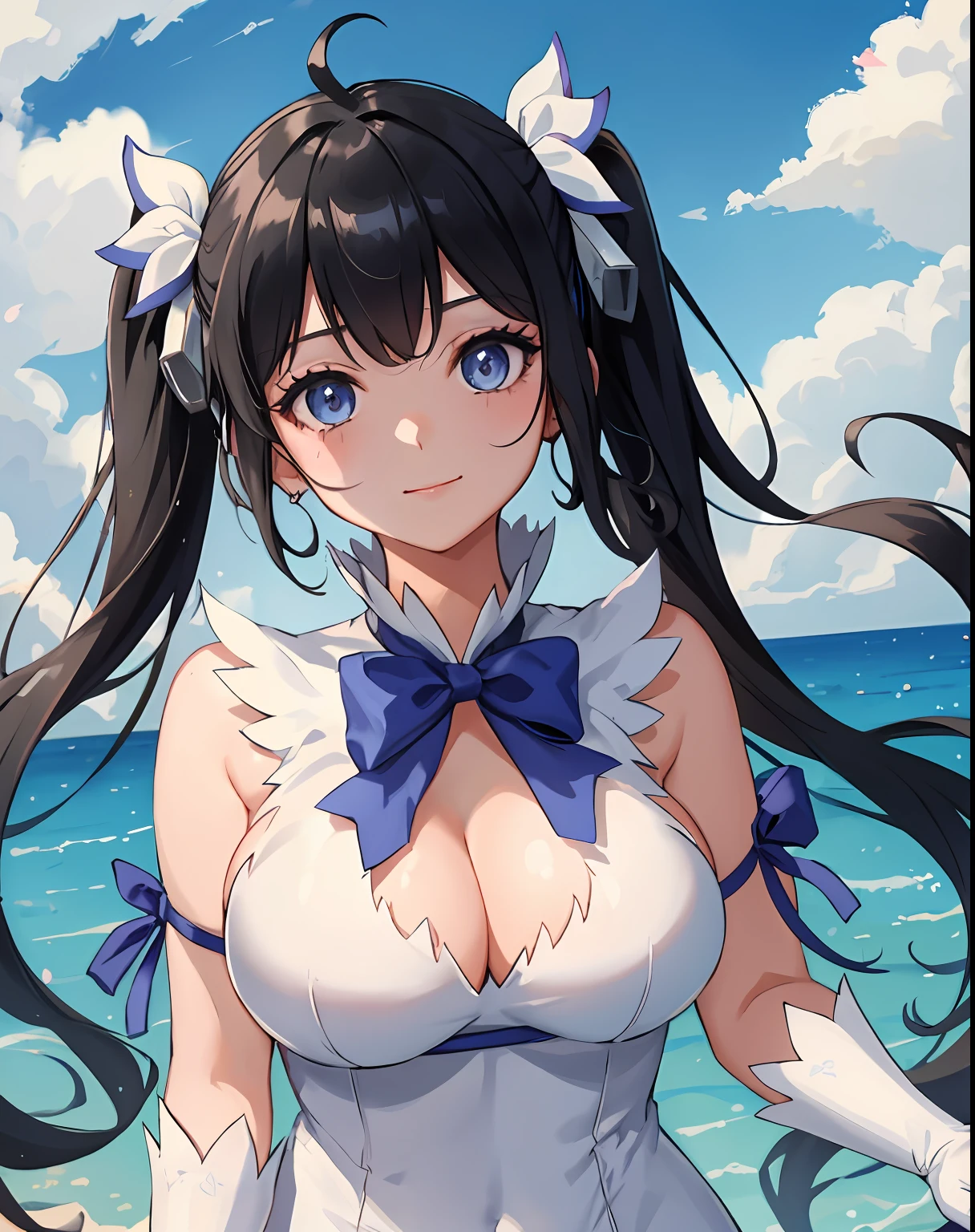 mksks style, masterpiece, best quality, long eyelashes, eyeliner, eyeshadow, mascara, colorful, pink lips, deep skin, looking at viewer, upper body, curvy, hestia (danmachi), 1girl, breasts, solo, long hair, blue ribbon, twintails, gloves, ribbon, dress, rei no himo, large breasts, blue eyes, black hair, white gloves, cleavage, white dress, looking at viewer, light smile, closed mouth, hair ribbon, bow, sleeveless, sleeveless dress, bangs, blush, cleavage cutout, hair ornament, bowtie, clothing cutout, very long hair, covered navel, arm ribbon, shiny skin, outdoors, grassy fields, blue sky, cloudy sky, tight, taut dress, breast focus, upper body,