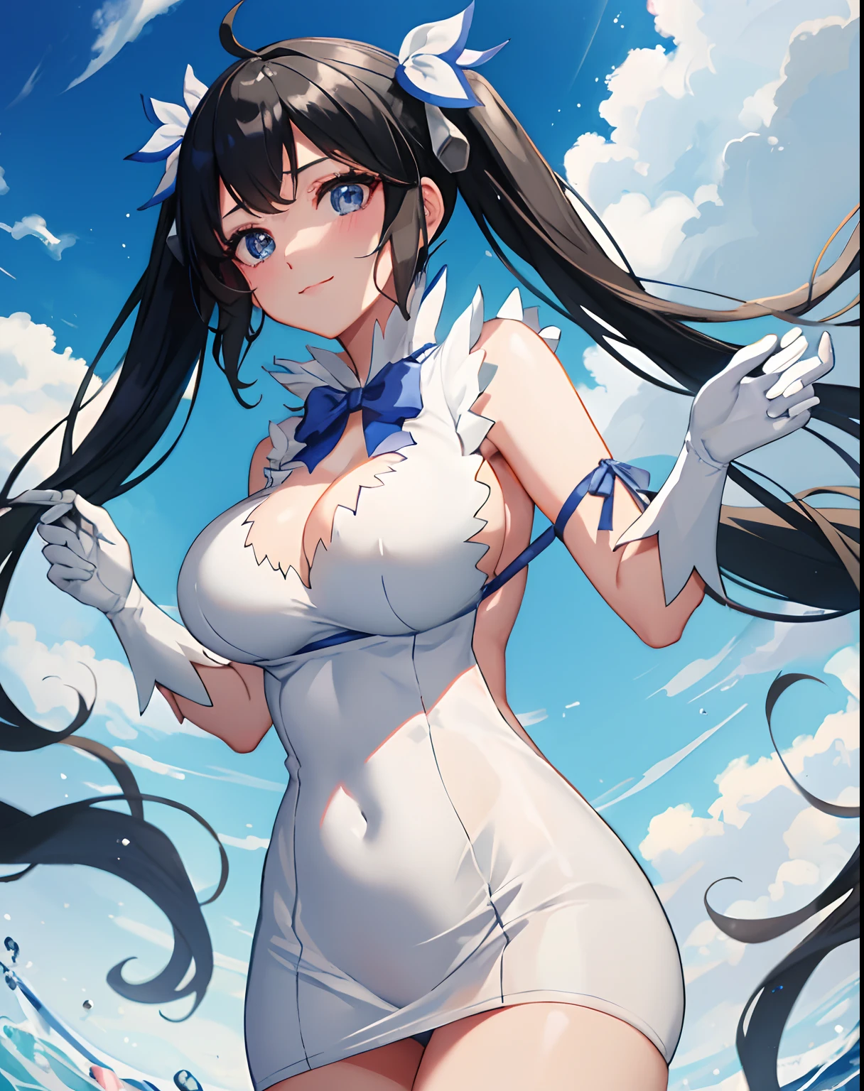 mksks style, masterpiece, best quality, long eyelashes, eyeliner, eyeshadow, mascara, colorful, pink lips, deep skin, looking at viewer, upper body, curvy, hestia (danmachi), 1girl, breasts, solo, long hair, blue ribbon, twintails, gloves, ribbon, dress, rei no himo, large breasts, blue eyes, black hair, white gloves, cleavage, white dress, looking at viewer, light smile, closed mouth, hair ribbon, bow, sleeveless, sleeveless dress, bangs, blush, cleavage cutout, hair ornament, bowtie, clothing cutout, very long hair, covered navel, arm ribbon, shiny skin, outdoors, grassy fields, blue sky, cloudy sky, tight, taut dress, breast focus, upper body,