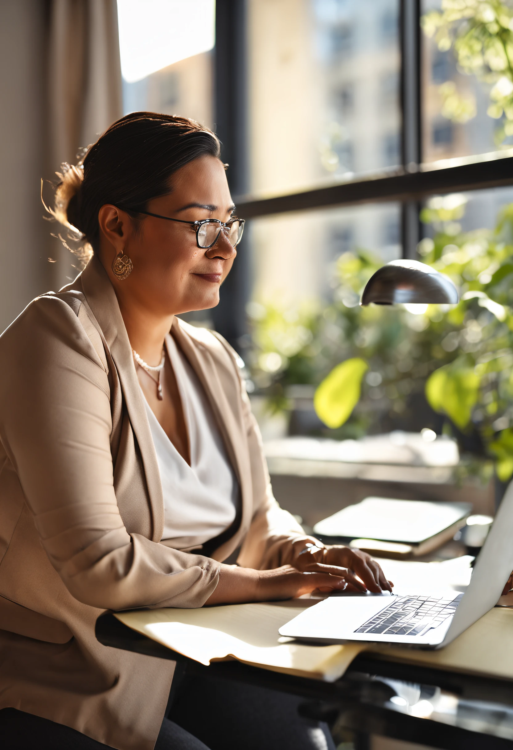 chubby woman, businesswoman sitting at homeoffice with her laptop. sunlight coming in, bright environment,
