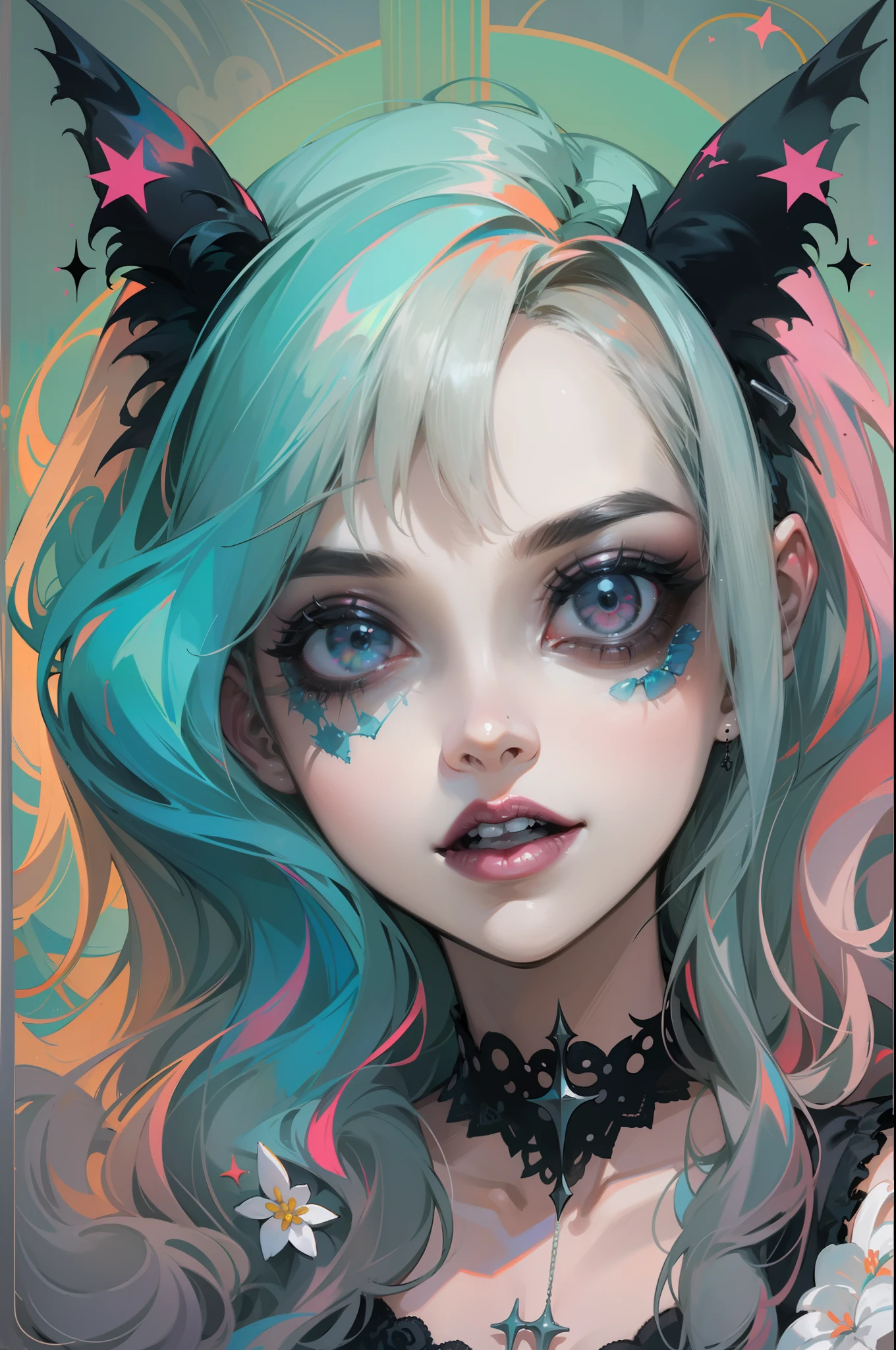 En un hermoso parque una mujer de aspecto moderno. It has a very colorful and striking kawaii gothic style.., con un maquillaje elegante y una peluca colorida.