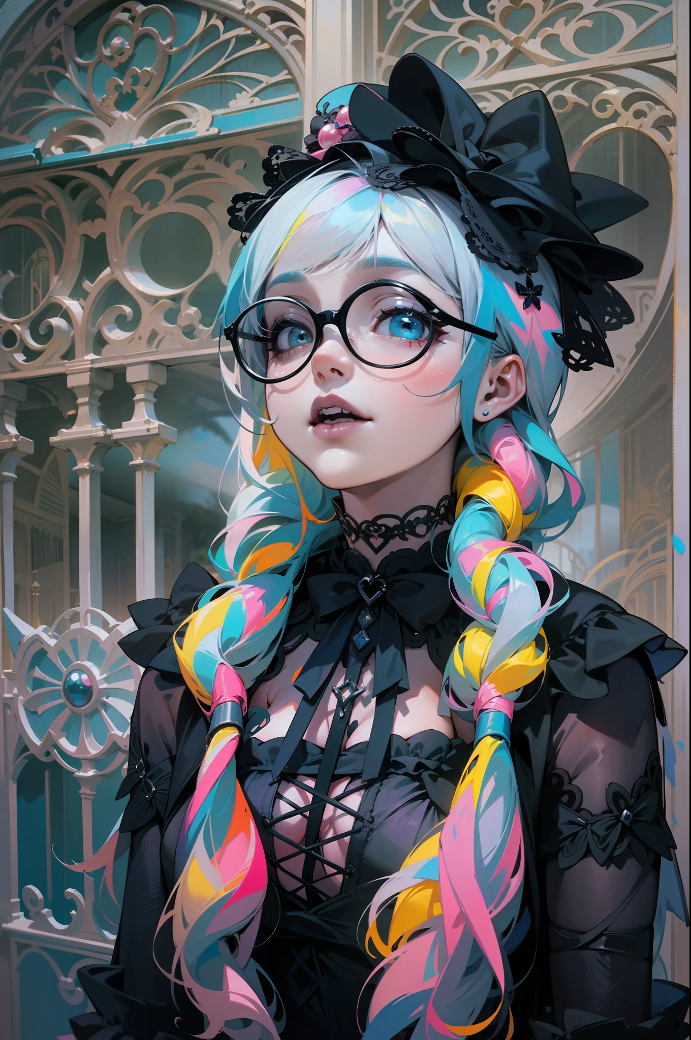En un hermoso parque una mujer de aspecto moderno. It has a very colorful and striking kawaii gothic style.., con un maquillaje elegante y una peluca colorida.