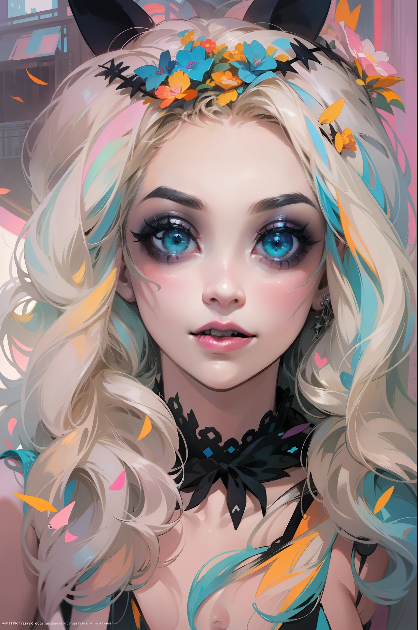 En un hermoso parque una mujer de aspecto moderno. It has a very colorful and striking kawaii gothic style.., con un maquillaje elegante y una peluca colorida.